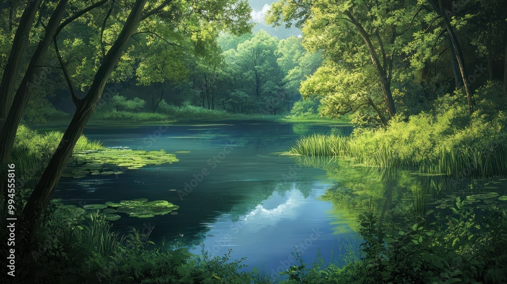 A Serene Forest Pond with Lush Green Foliage and Tranquil Water A Serene Forest Pond with Lush Green Foliage and Tranquil Water