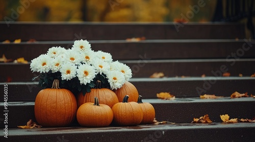 Vibrant pumpkins and cheerful chrysanthemums adorn the front steps, creating a welcoming autumn ambiance filled with seasonal colors and a cozy atmosphere photo