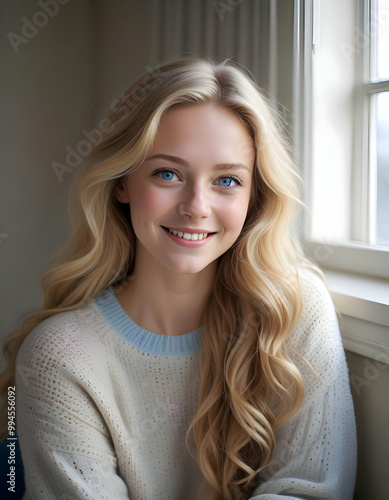 A young Caucasian woman with fair skin, long blonde hair and blue eyes is sitting by a window and smiling