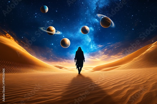 A mystical figure walking through a starry desert, with planets hanging in the sky like moons, and cosmic winds swirling around them photo