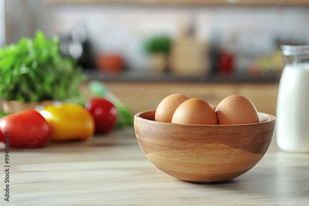 An indoor wooden table with whisks, bowls, eggs, and other ingredients, and a space to write An indoor wooden table with whisks, bowls, eggs, and other ingredients, and a space to write