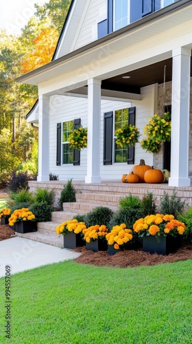 Vibrant pumpkins and cheerful chrysanthemums adorn the front steps, creating a welcoming autumn ambiance filled with seasonal colors and a cozy atmosphere photo