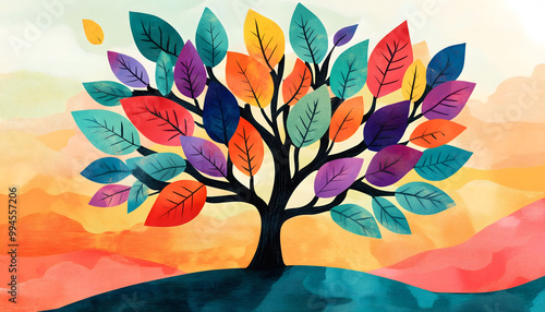 A vibrant and abstract illustration of a tree with multicolered leaves photo