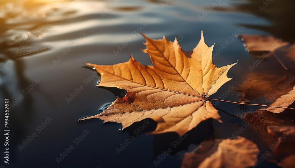 Maple leaf on a dark autumn water in the river Maple leaf on a dark autumn water in the river