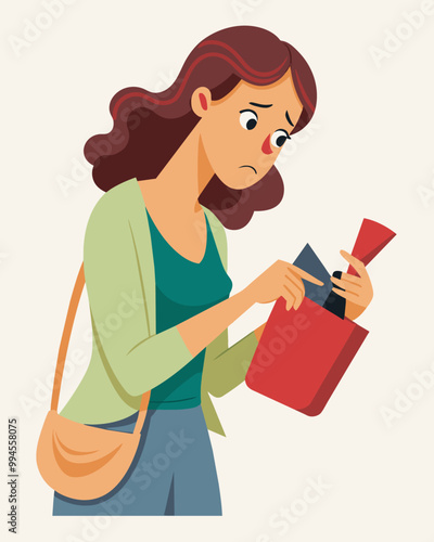 A woman rummages through her purse disappointment etched on her face as she pulls out an empty wallet.. Vector illustration