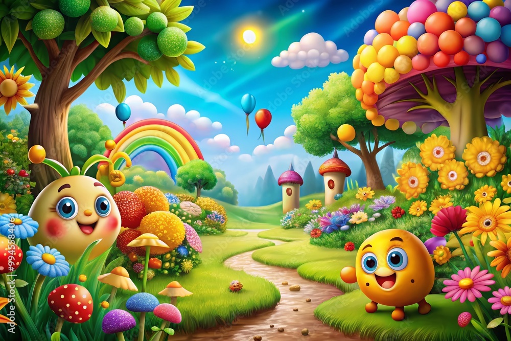 Obraz premium Vibrant Cartoon Photo Background with Whimsical Elements and Playful Colors for Creative Projects