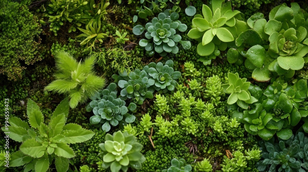 Lush Green Succulents and Moss in a Close-Up View Lush Green Succulents and Moss in a Close-Up View