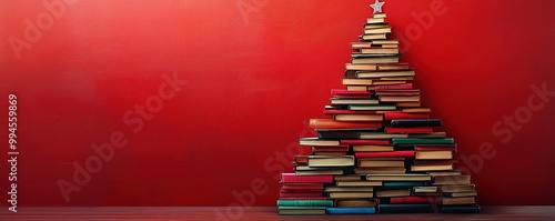 A creative Christmas tree made of colorful books against a vibrant red wall, perfect for holiday and book-themed concepts.