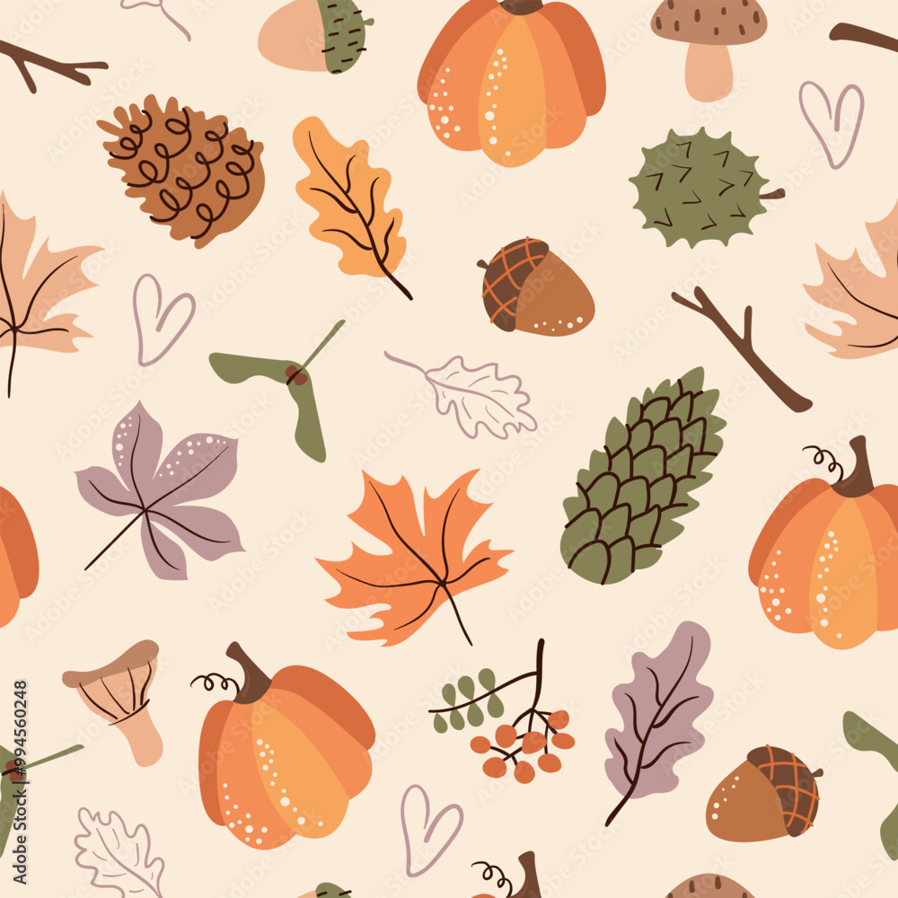 Obraz premium Cute autumn seamless pattern. Natural elements, acorns, chestnuts, cones, mushrooms and leaves. Vector texture for fabric, textile, wallpaper, apparel, wrapping.