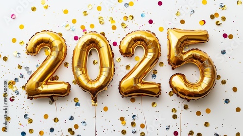 Banner with 2025 golden air balloon numbers isolated on white background. Happy New Year.