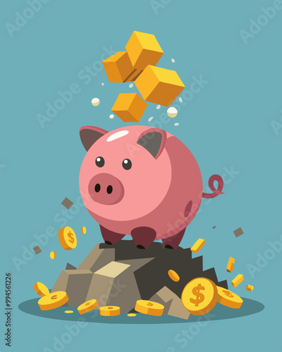 A piggy bank sitting on a pile of rubble having been smashed by a wrecking ball with coins and bills raining down around it.. Vector illustration