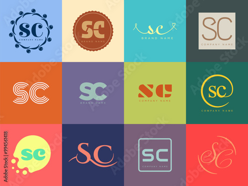 SC logo company template. Letter s and c logotype. Set different classic serif lettering and modern bold text with design elements. Initial font typography.