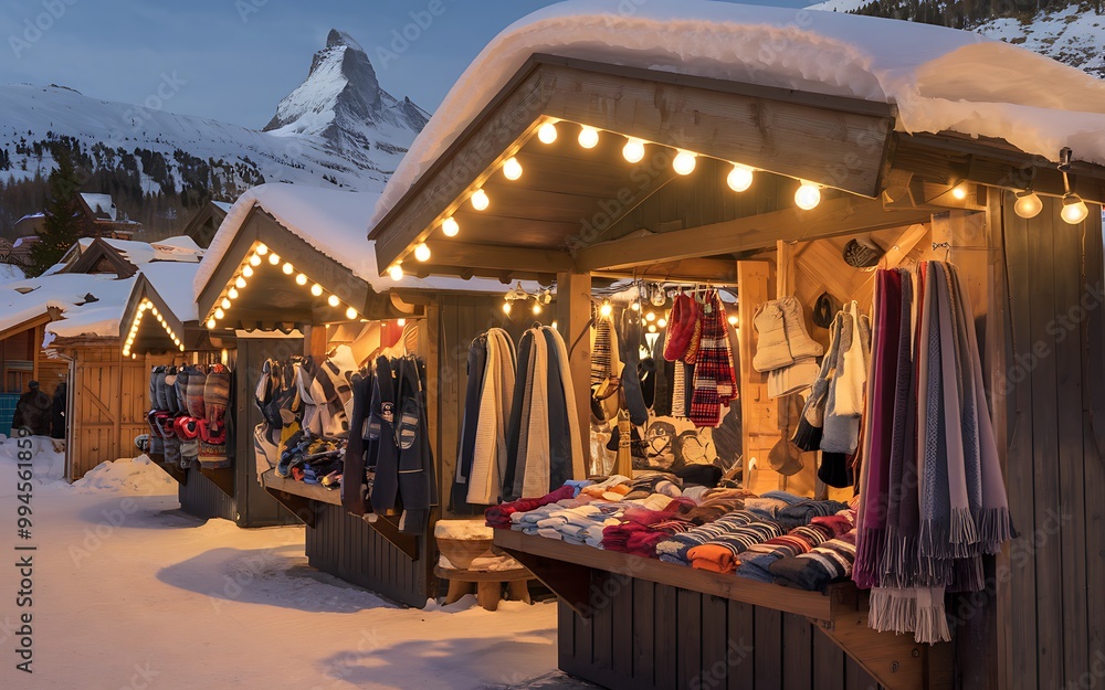 Obraz premium A row of wooden market stalls with twinkling lights in a snowy village, showcasing winter wear and souvenirs against a backdrop of the iconic Matterhorn peak.