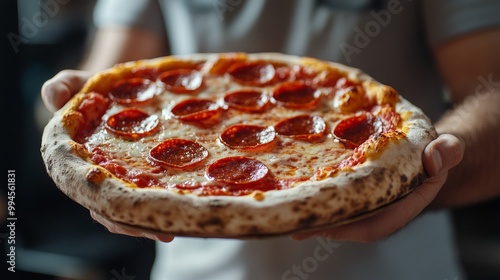 Freshly baked pepperoni and cheese pizza with a golden crust and vibrant toppings.