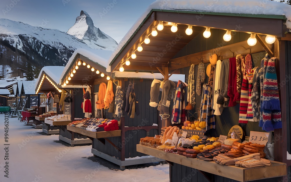 Obraz premium A row of Christmas market stalls with goods for sale, with a snowy mountain in the background.