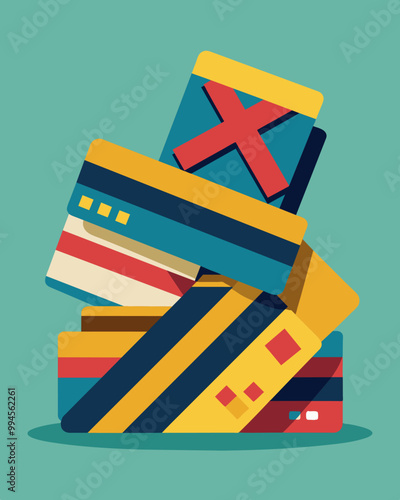 A pile of canceled credit cards symbolizing someones decision to out excessive expenses.. Vector illustration