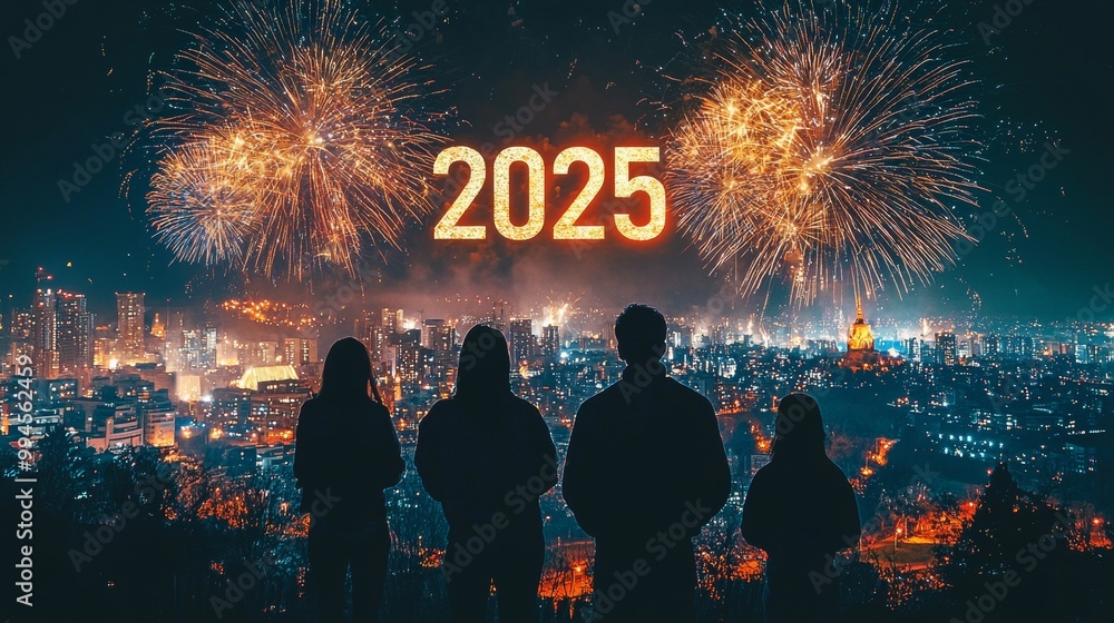 Celebrating the New Year Eve 2025 in 3D letter fireworks with confetti ...