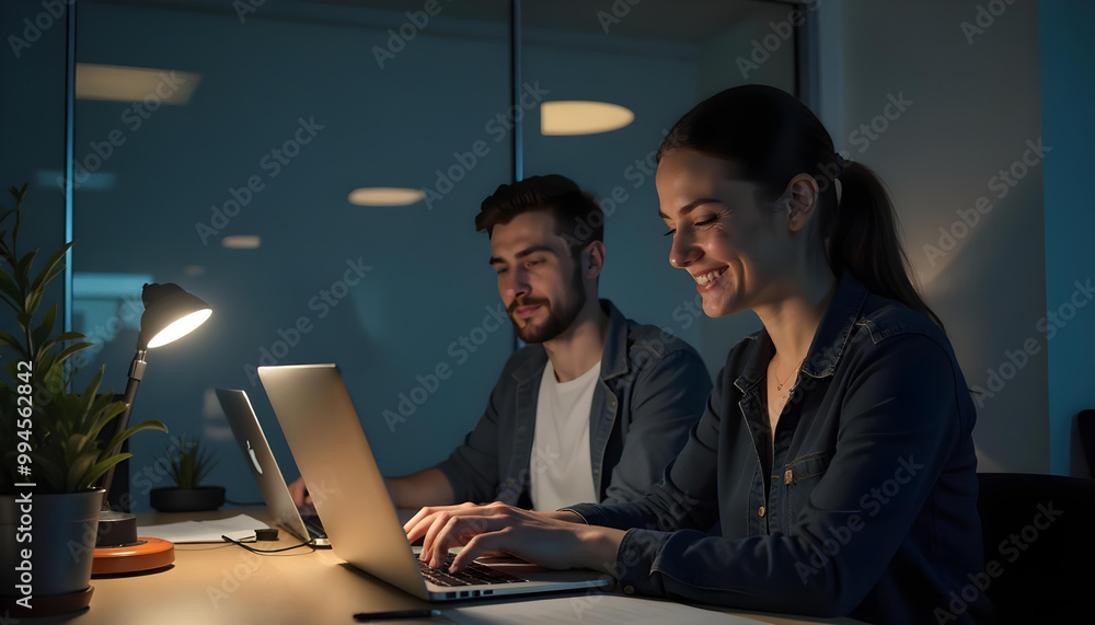 Fototapeta premium A middle-aged Caucasian man and a young Caucasian woman working together on a laptop in a dimly lit office environment