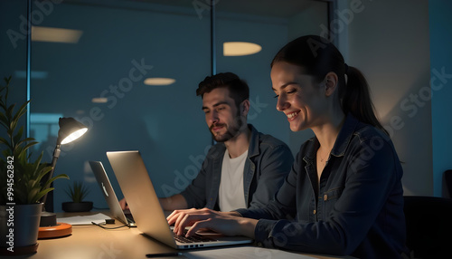 A middle-aged Caucasian man and a young Caucasian woman working together on a laptop in a dimly lit office environment