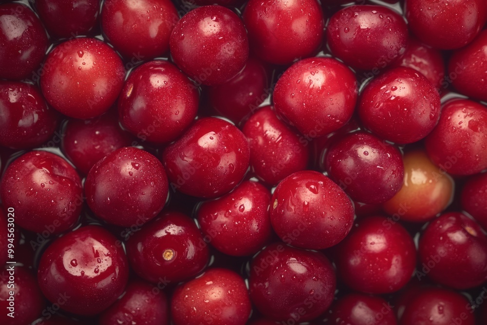 The glossy surfaces of red cherries are covered with water droplets. Cherry banner and cherry background. Food photography close-up view. The glossy surfaces of red cherries are covered with water droplets. Cherry banner and cherry background. Food photography close-up view.