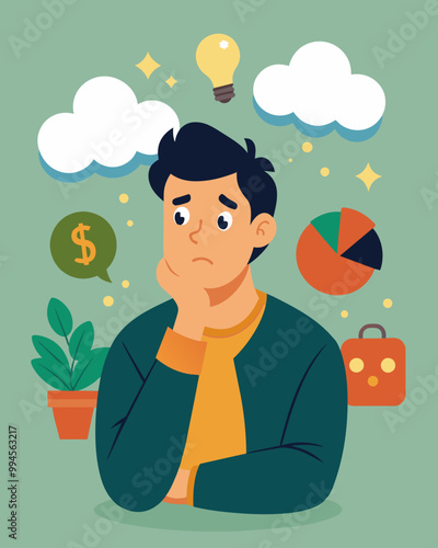 A young adult starting to save for their future but feeling discouraged when they learn about the impact of inflation on longterm savings.. Vector illustration