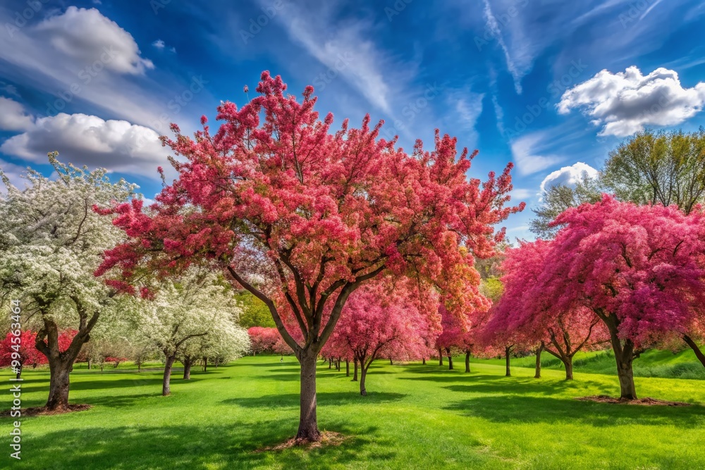 Vibrant Crabapple Trees in Bloom Showcasing Colorful Flowers and Lush Green Foliage in Springtime Vibrant Crabapple Trees in Bloom Showcasing Colorful Flowers and Lush Green Foliage in Springtime