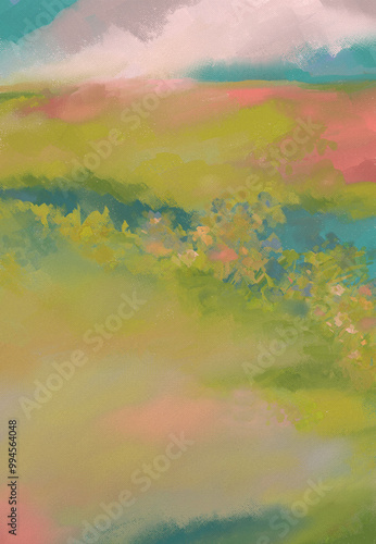 Impressionistic Landscape of Hills, a Stream or Brook with wildflowers Blooming on its banks-Digital Painting, Art, Illustration, Design in Green, Pink/Coral, Teal or Aqua w/Canvas & Paint Texture