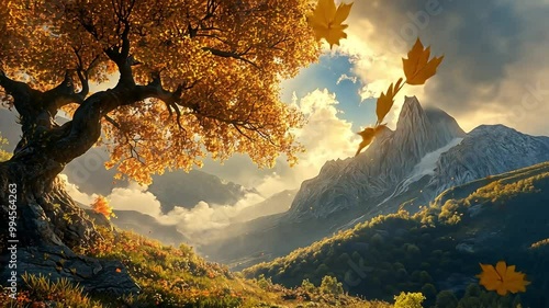 Autumn leaves falling from tree with mountain landscape