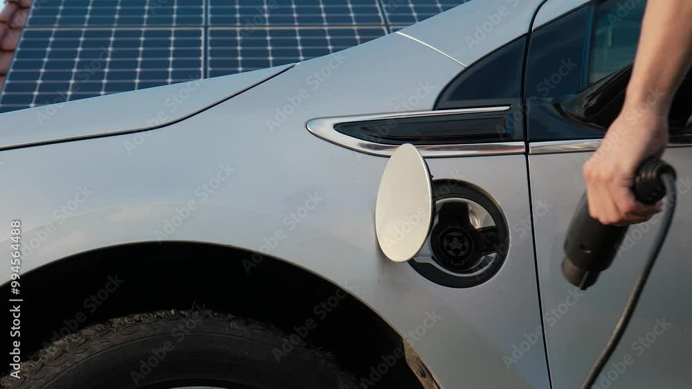 Zoom out shot of male hand disconnects power cable supply from EV or electric car on the solar panels background. Unrecognizable man unplugs an electric auto or PHEV from photovoltaic charging station Zoom out shot of male hand disconnects power cable supply from EV or electric car on the solar panels background. Unrecognizable man unplugs an electric auto or PHEV from photovoltaic charging station