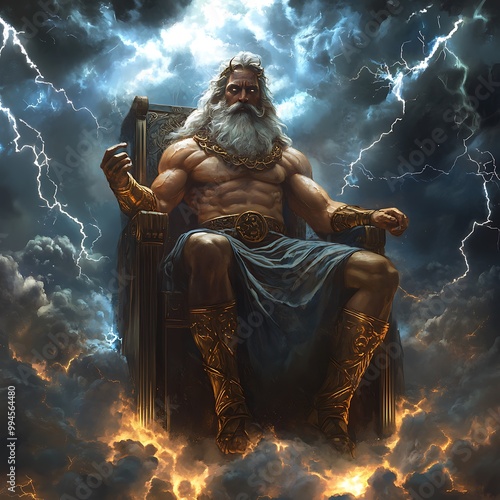 Zeus, King of the Gods, Sitting on His Throne with Lightning Bolts photo