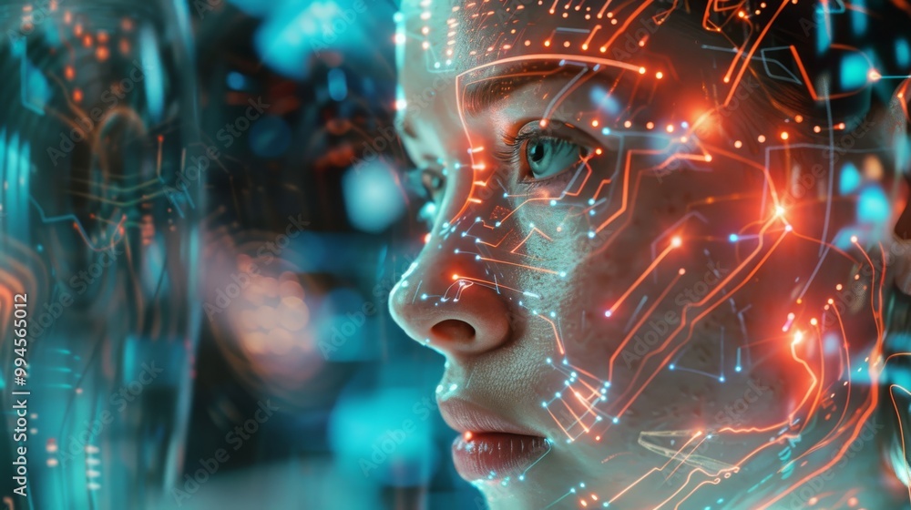 A woman's face is illuminated by a network of glowing lines, creating a futuristic and digital effect. A woman's face is illuminated by a network of glowing lines, creating a futuristic and digital effect.