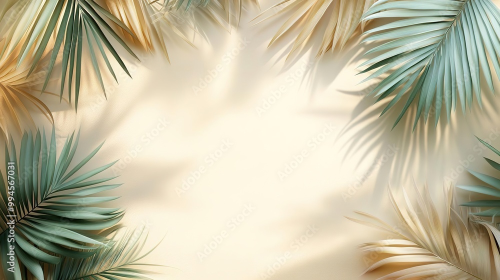 A serene and vibrant tropical background featuring lush palm leaves with soft shadows, perfect for summer-themed designs. A serene and vibrant tropical background featuring lush palm leaves with soft shadows, perfect for summer-themed designs.