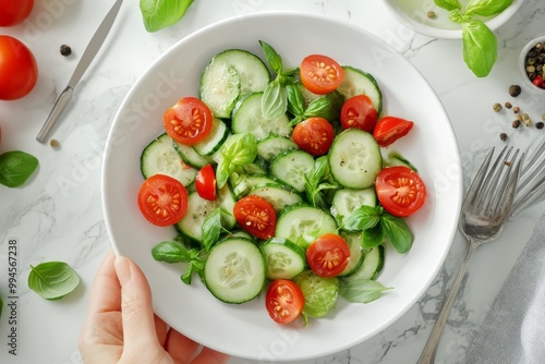 This salad contains tomatoes, cucumbers, and onions. It is served on a plate on the table. Freshly chopped vegetables. Ecofriendly products. Top view.