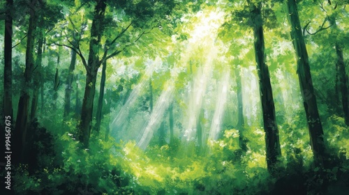 Sunbeams Filtering Through Dense Green Forest Canopies