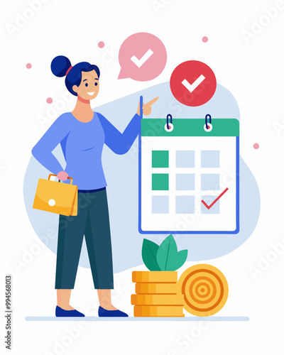A woman updates her financial goals board with a new milestone marking the completion of her debt consolidation journey.. Vector illustration