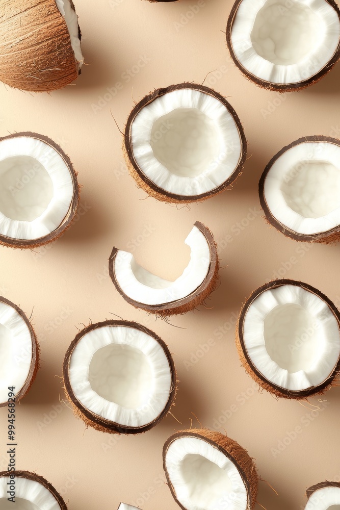 An abstract pattern created from the halves of ripe tropical coconuts on a beige background. An abstract pattern created from the halves of ripe tropical coconuts on a beige background.