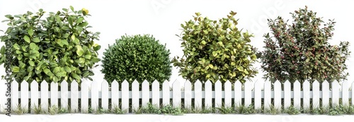 The lush green bushes on top of the white picket fence are cut out