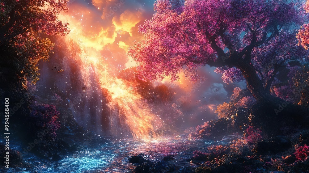 Fototapeta premium A vibrant fantasy landscape featuring colorful trees, a radiant waterfall, and a shimmering river under a dramatic sunset sky.