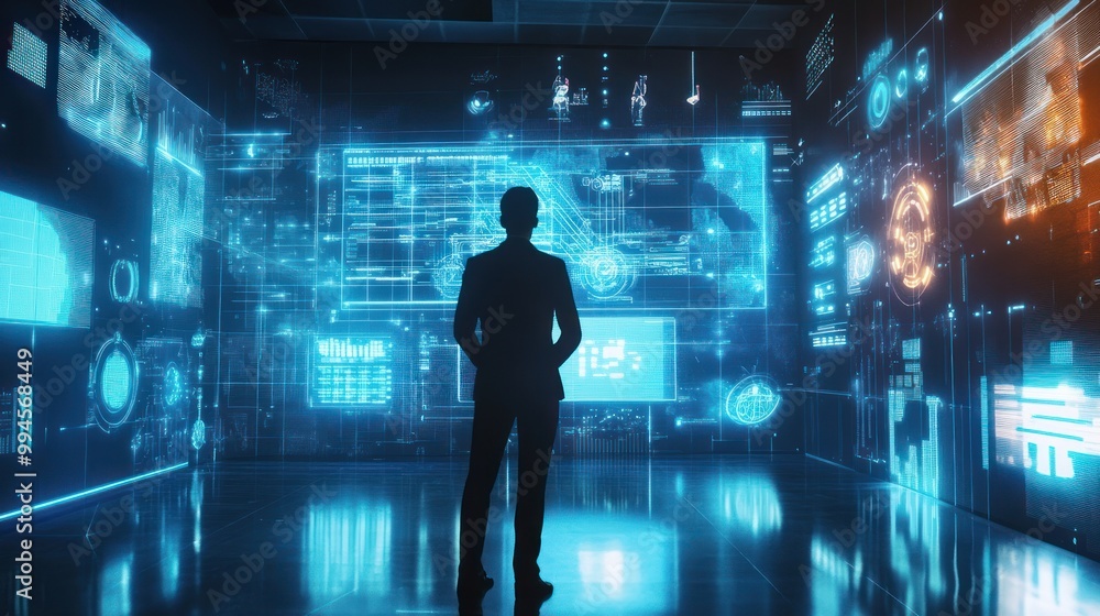 A Silhouetted Figure Stands Before a Wall of Glowing, Digital Interfaces A Silhouetted Figure Stands Before a Wall of Glowing, Digital Interfaces