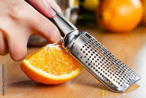 In the kitchen, a female chef grates orange zest using a grater photo