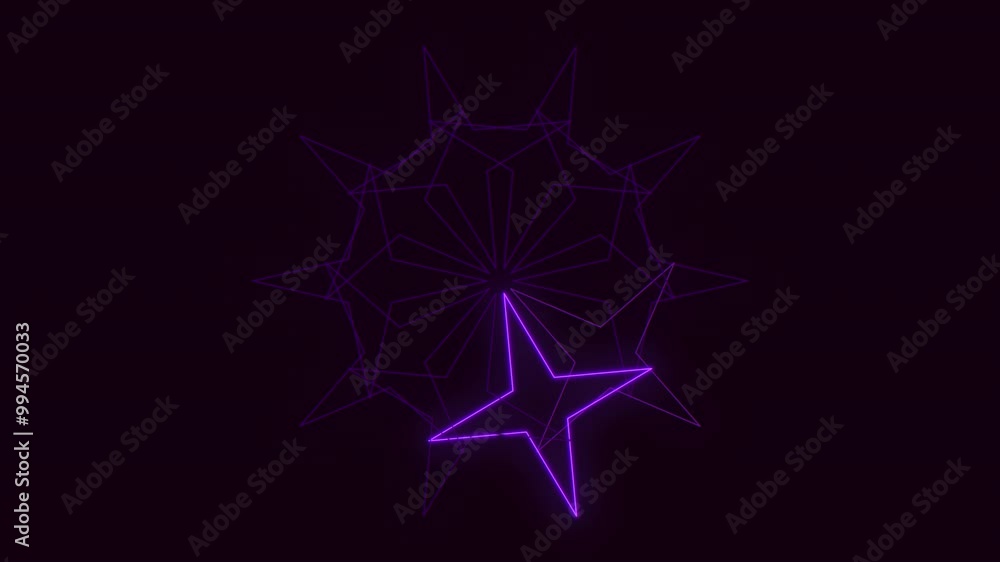 A glowing purple neon star comprised of triangular shapes emanates a bright light from its center against a dark backdrop in this vibrant image A glowing purple neon star comprised of triangular shapes emanates a bright light from its center against a dark backdrop in this vibrant image