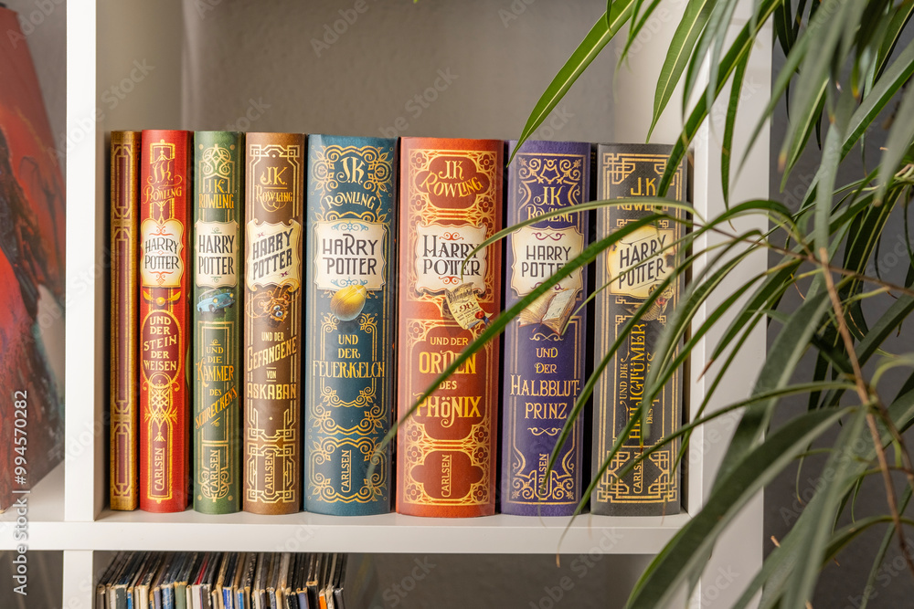 Fototapeta premium complete colorful collection paper books by JK Rowling about Harry Potter, appealing to book lovers, especially fans children's literature and fantasy, Frankfurt - December 22, 2023