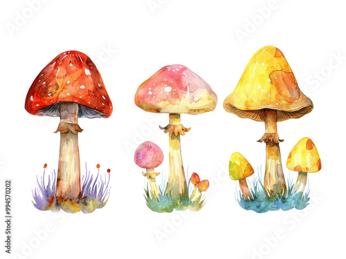 Cute water color mushrooms isolated on transparent background. photo