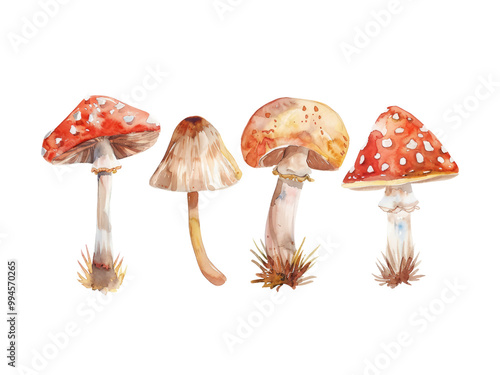 Cute water color mushrooms isolated on transparent background. photo