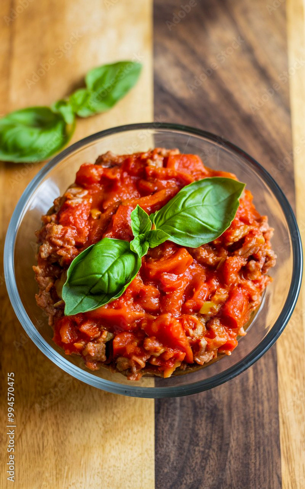 Bolognese tomato sauce in a small glass plate. Bolognese tomato sauce in a small glass plate.