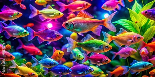 Vibrant Glofish Background with Colorful Aquatic Life and Glowing Neon Effects for Stunning Decor photo