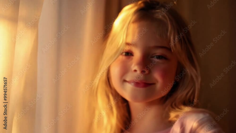 Cheerful Portrait of a Smiling Girl by the Window, Bathed in Warm Sunlight. A Heartwarming Moment Capturing Innocence and Joy. Family, Childhood, and Lifestyle Campaigns. Cheerful Portrait of a Smiling Girl by the Window, Bathed in Warm Sunlight. A Heartwarming Moment Capturing Innocence and Joy. Family, Childhood, and Lifestyle Campaigns.