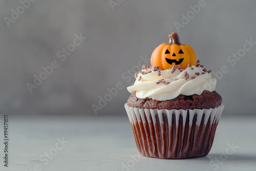 Chocolate muffin decorated with halloween pumpkin on plain grey background