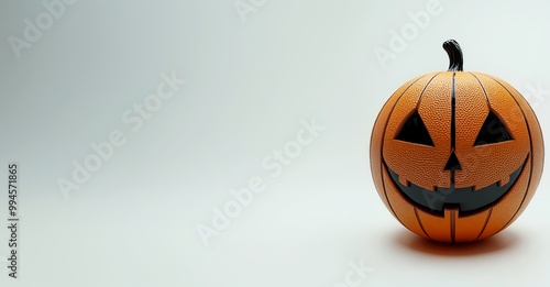 Halloween pumpkin shaped basketball ball. Horizontal illustration with free copy space