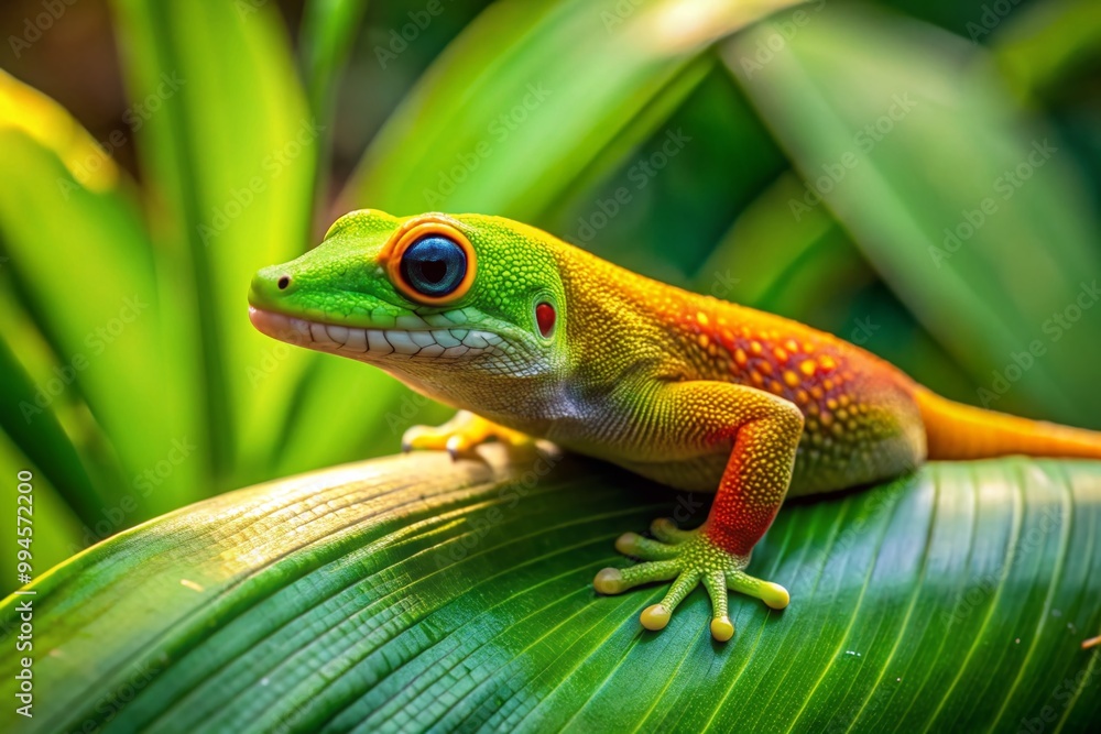 Vibrant Golden Day Gecko Resting on a Leaf in a Tropical Environment with Lush Greenery Surrounding Vibrant Golden Day Gecko Resting on a Leaf in a Tropical Environment with Lush Greenery Surrounding